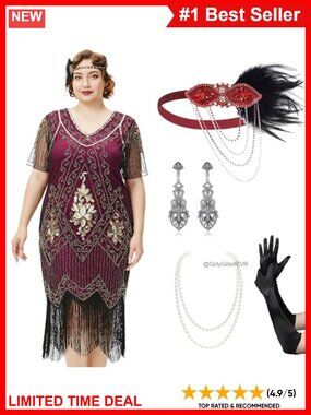 1920s Flapper Sequin Dress Set V-Neck Long Sleeve Knee Length Costume